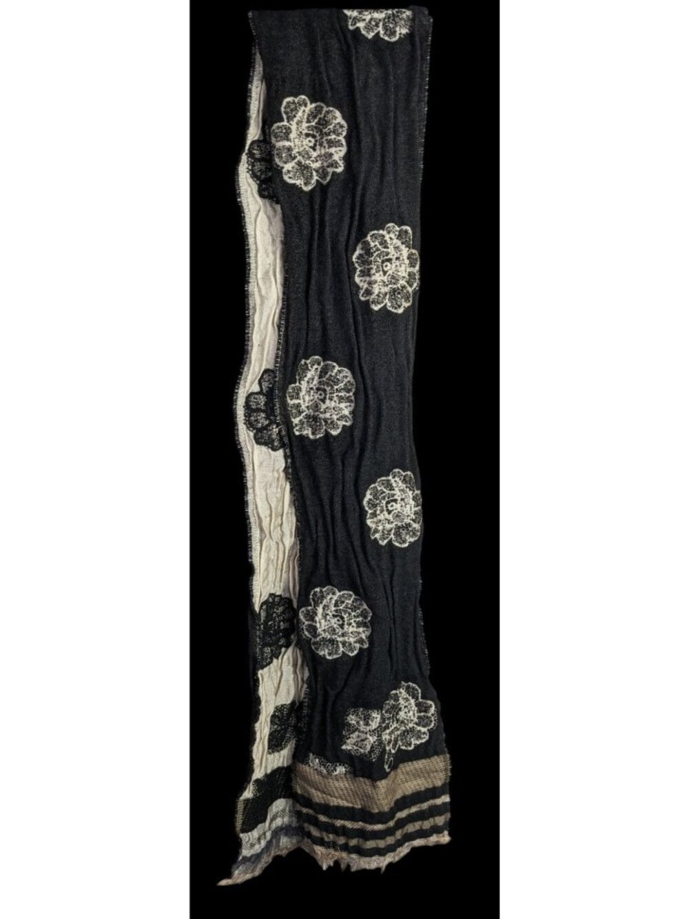 Vintage Guillaume De Mon Paris Black Floral Scarf Made In France 75" x 8" - Picture 3 of 10